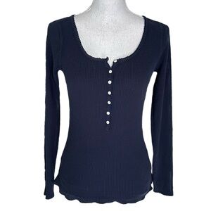 Vintage Y2K Lucky Brand Waffle Henley Layering Top Bella Swan Navy Blue Small